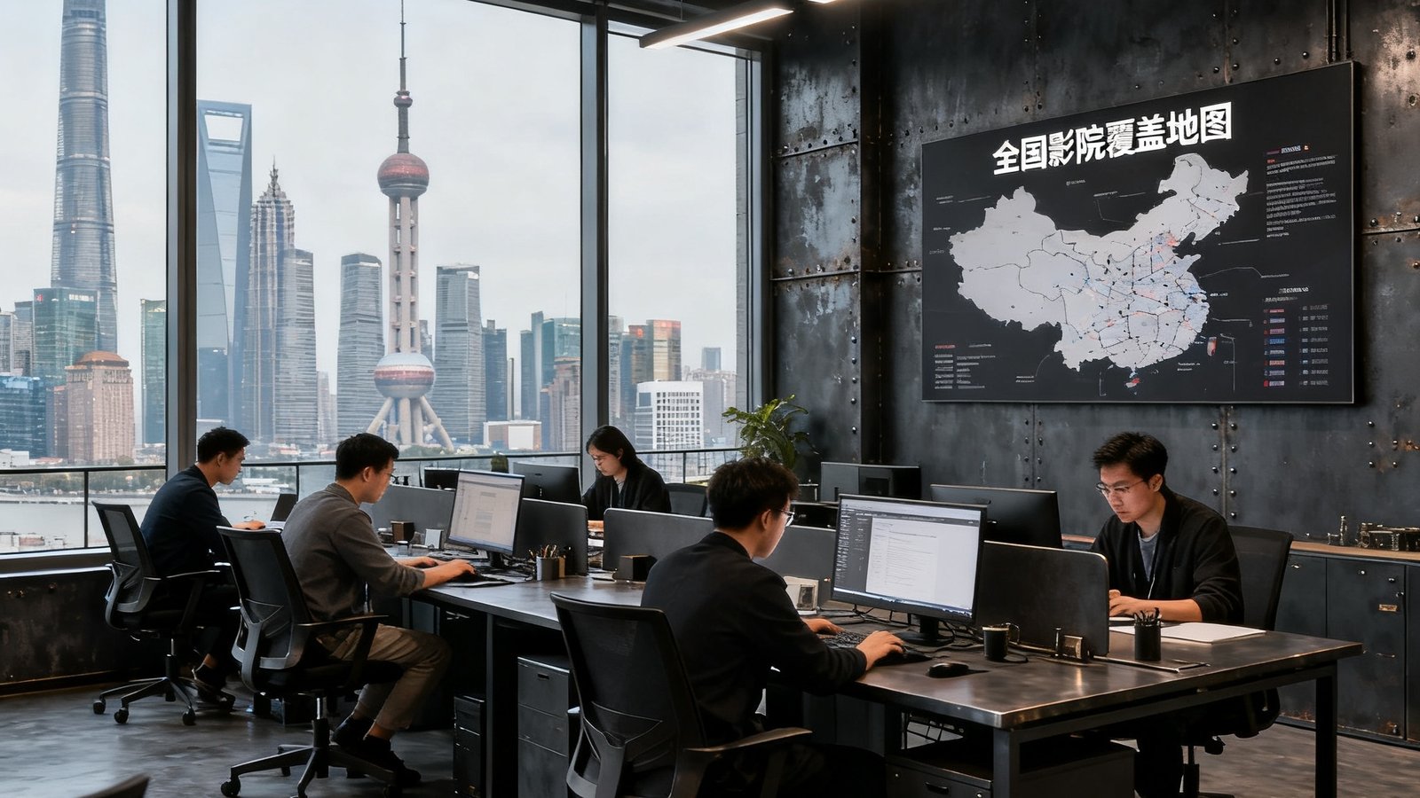 公海贵宾会上海浦东总部开放式办公区，落地窗外可见陆家嘴天际线，室内采用深色调工业风装修，墙上悬挂着全国影院覆盖地图，团队成员正在专注工作