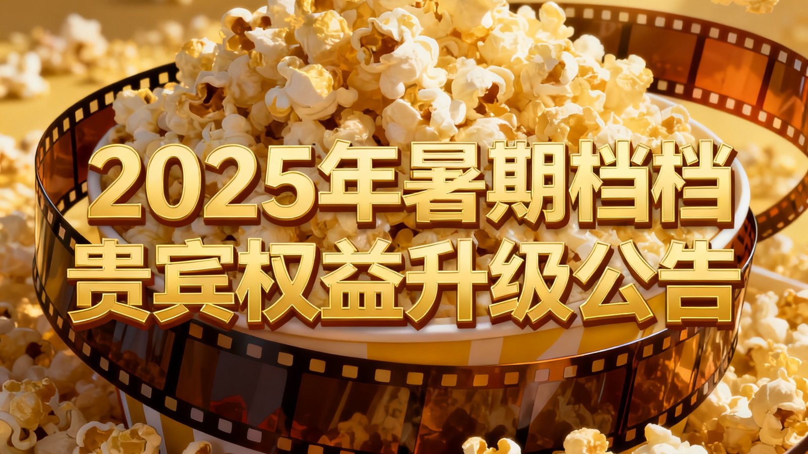 2025年暑期档贵宾权益升级公告配图，画面以金色文字为主视觉，背景是爆米花和电影胶片元素的创意组合，氛围热烈