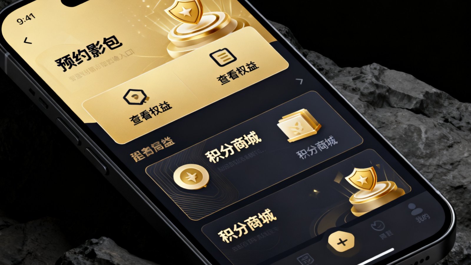 公海贵宾会会员App 4.0版本界面截图展示，手机屏幕上显示简洁的金色与深色主题UI，功能入口包括预约影包、查看权益、积分商城等模块