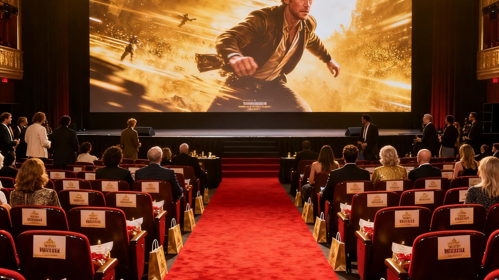 电影首映礼现场贵宾专属区域，前三排中央位置铺设红毯，每个座位配有定制名牌和专属礼品袋，舞台灯光璀璨，巨幅电影海报作为背景，贵宾们正在陆续入座