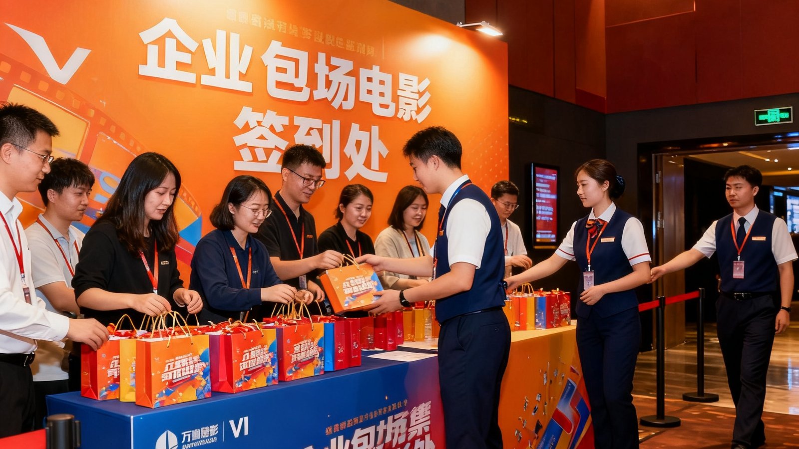 大型企业包场观影活动签到处，品牌背景板前员工们正在领取定制伴手礼，现场布置融合了企业VI元素，工作人员穿着统一制服引导入场，气氛热烈有序
