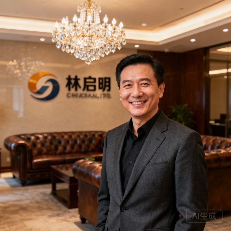 公海贵宾会创始人兼CEO林启明，45岁男性，身着深灰色西装，背景为公司贵宾厅实景，面带自信微笑，气质沉稳专业