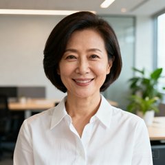 某知名互联网公司行政总监张女士，40岁左右，短发干练形象，身着白色衬衫，在办公室环境中微笑面对镜头