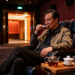 公海贵宾会钻石卡会员陈先生，50岁企业家，穿着休闲夹克，在贵宾厅休息区品茶，背景可见影厅入口的暖色灯光